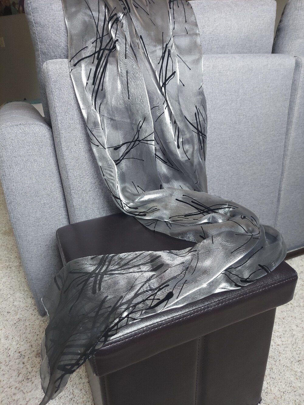 Art Of The Scarf Tie Rack Sheer Metallic Grey Scarf With Velvet Abstract Decor - Picture 4 of 6